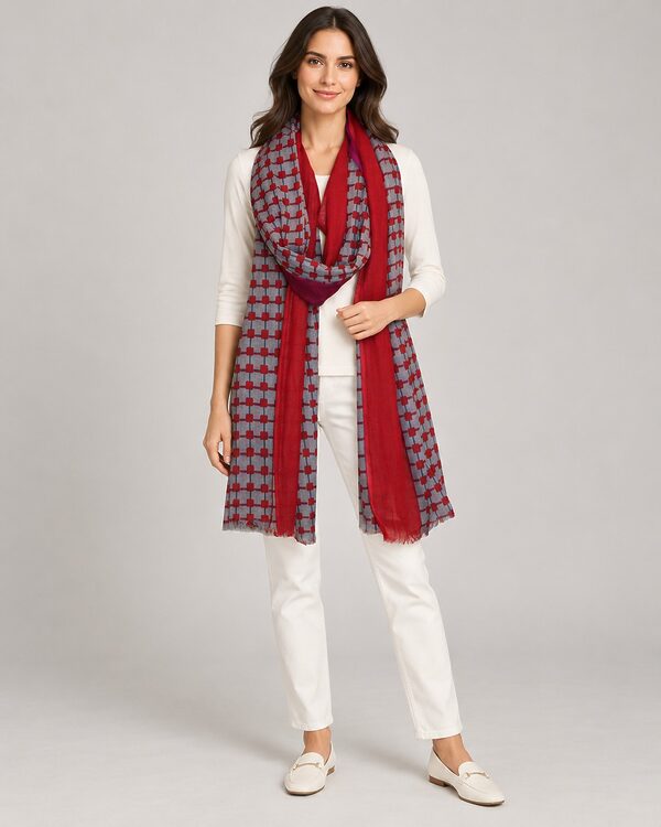 Red and grey check cotton scarf worn by a model, KK Fashion Exports