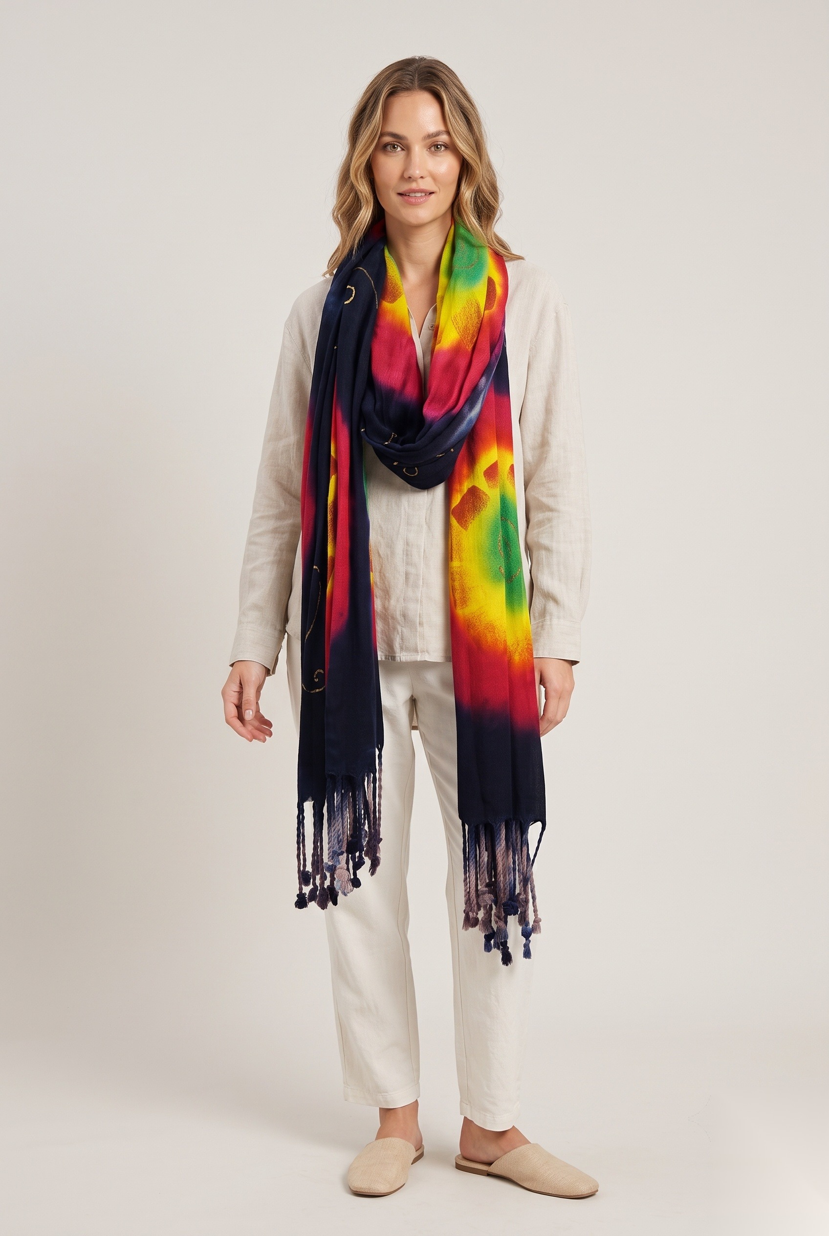Digital Printed Scarves worn by a model, KK Fashion Exports