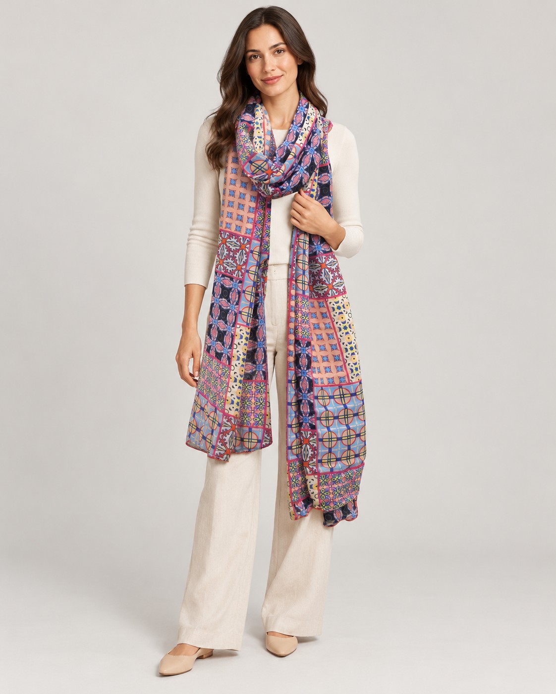 Purple and pink patchwork print scarf worn by a model, KK Fashion Exports