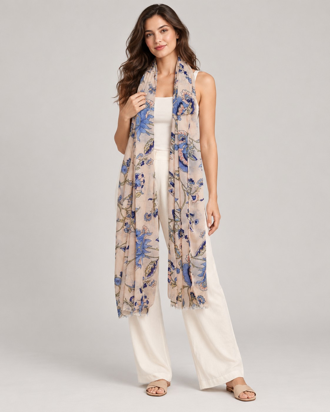 Cream scarf with blue floral print worn by a model, KK Fashion Exports