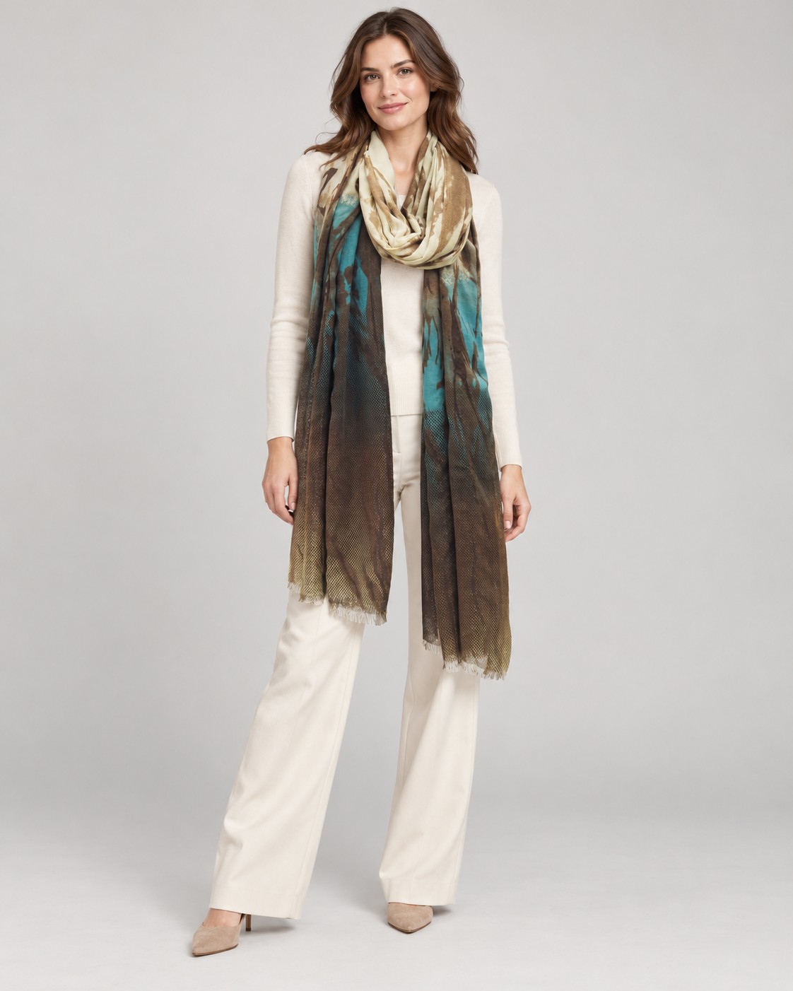 Brown and teal abstract print scarf worn by a model, KK Fashion Exports