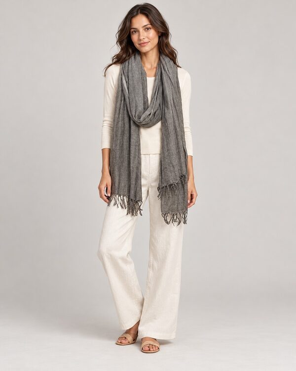 Charcoal grey dyed scarf with fringe worn by a model, KK Fashion Exports