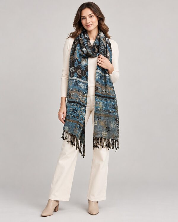 Teal floral jacquard shawl with fringe worn by a model, KK Fashion Exports