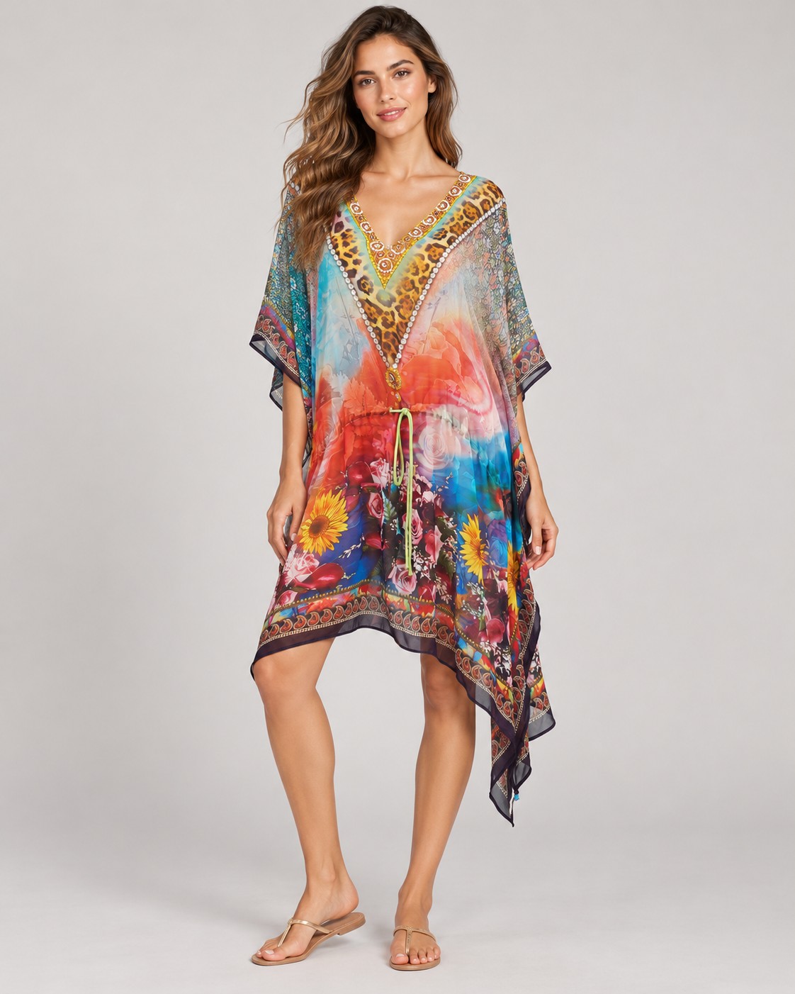 Multicolour floral and leopard print beach cover-up worn by a model, KK Fashion Exports