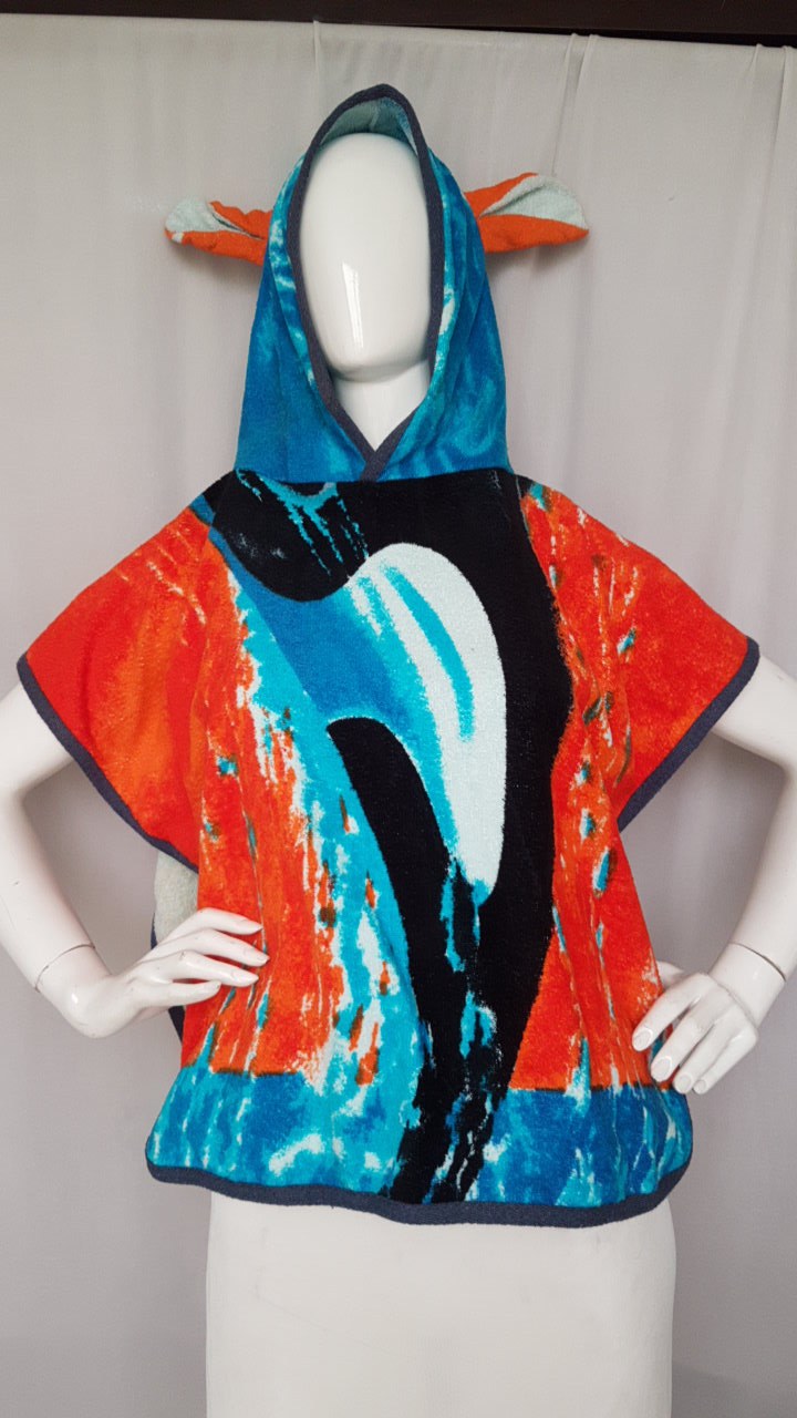 Orange printed hooded beach towel poncho