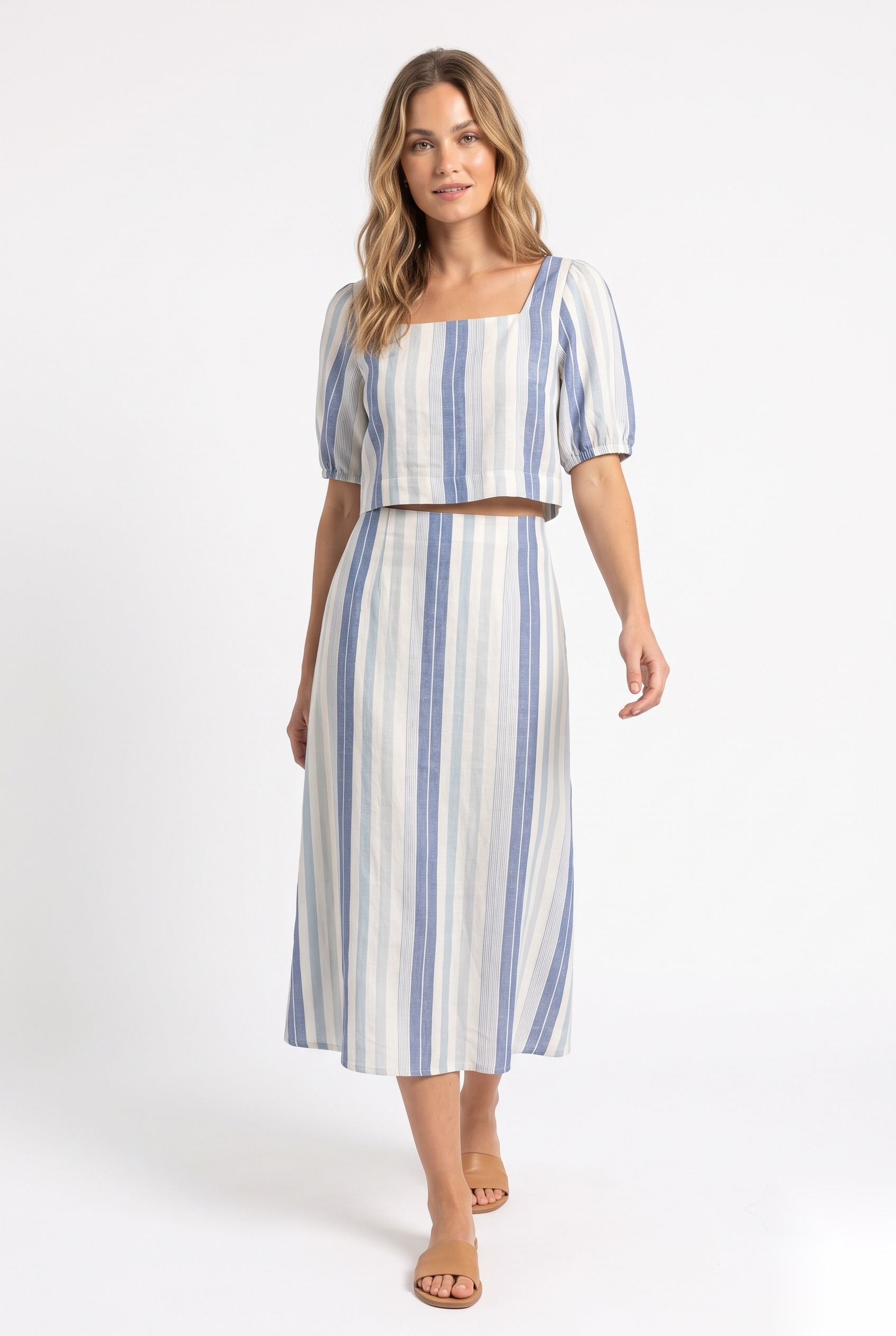 Linen crop top with matching midi skirt in a multi-width vertical striped parallel bands print.