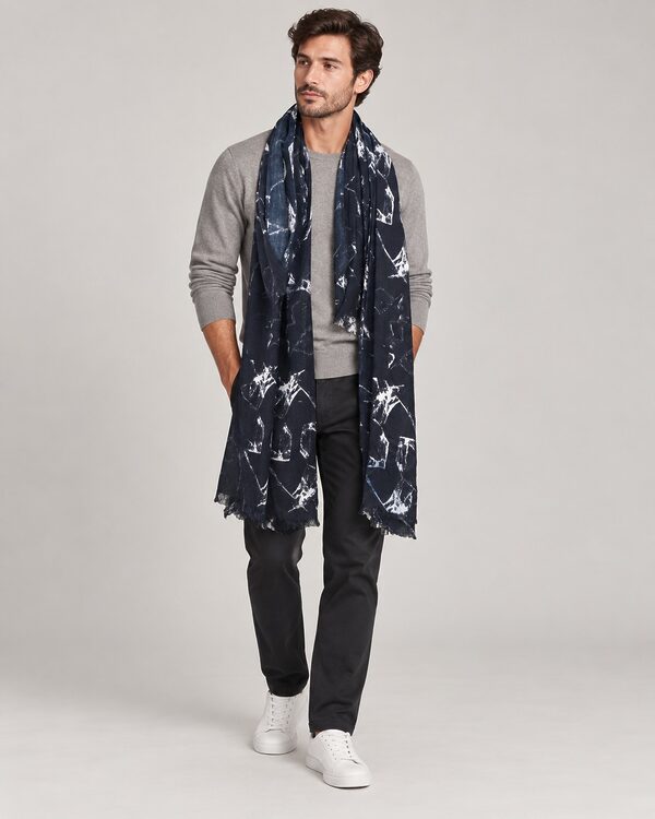 Navy scarf with white abstract print worn by a model, KK Fashion Exports