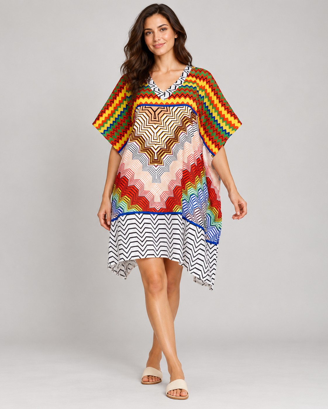 Multicolour zigzag print poncho worn by a model, KK Fashion Exports