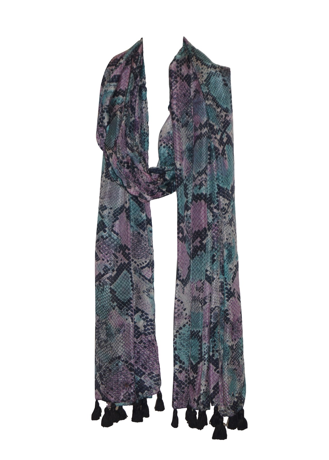 Navy printed silk scarf with tassels