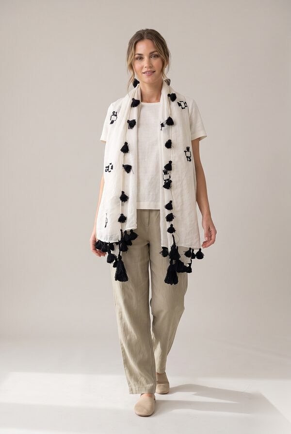 White summer scarf with black tassels and embroidery worn by a model, KK Fashion Exports