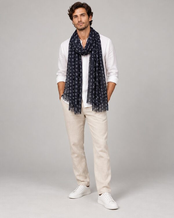 Navy anchor print summer scarf worn by a model, KK Fashion Exports