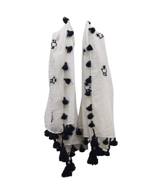 White cotton scarf with black pom-pom tassels