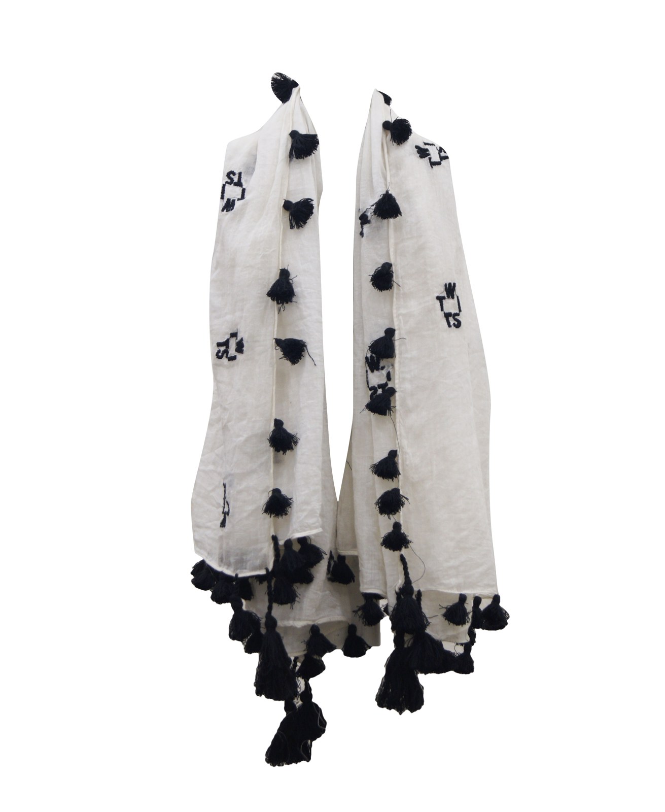 White cotton scarf with black pom-pom tassels