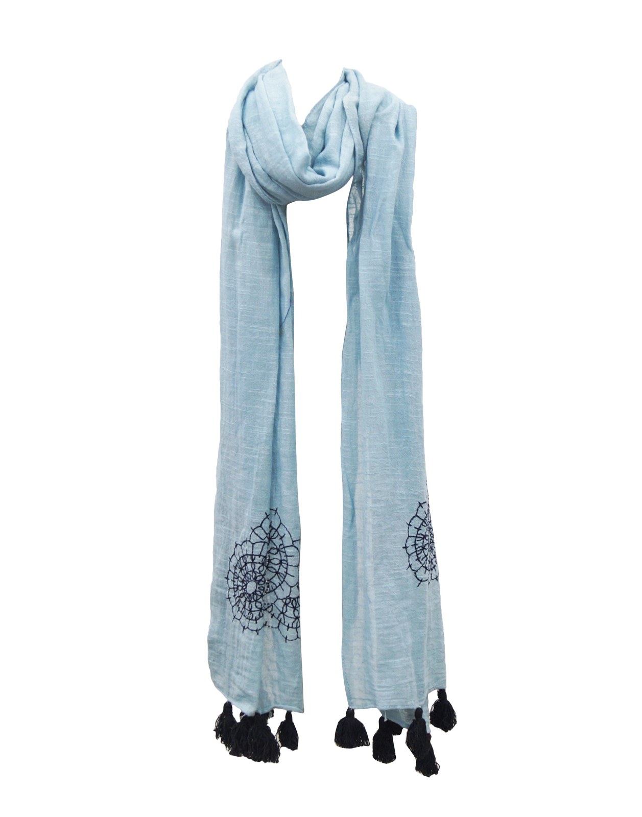 Light blue cotton scarf with embroidered motifs