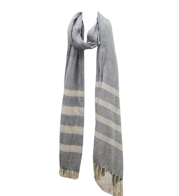 Grey striped fouta towel pareo with fringe