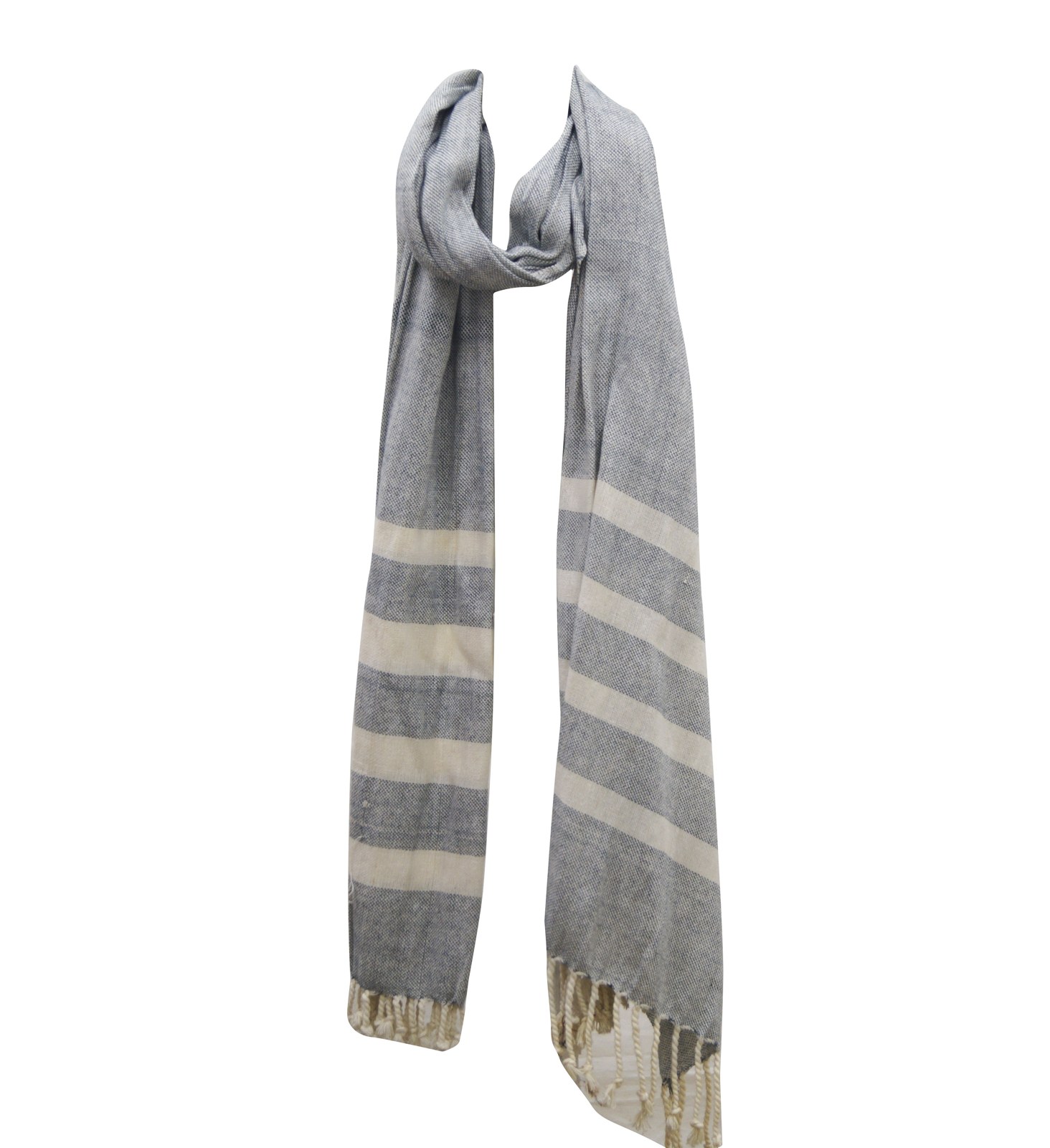 Grey striped fouta towel pareo with fringe