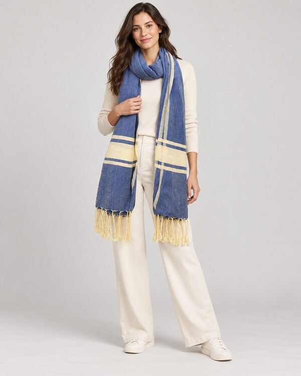 Blue and cream striped cotton towel scarf with fringe worn by a model, KK Fashion Exports