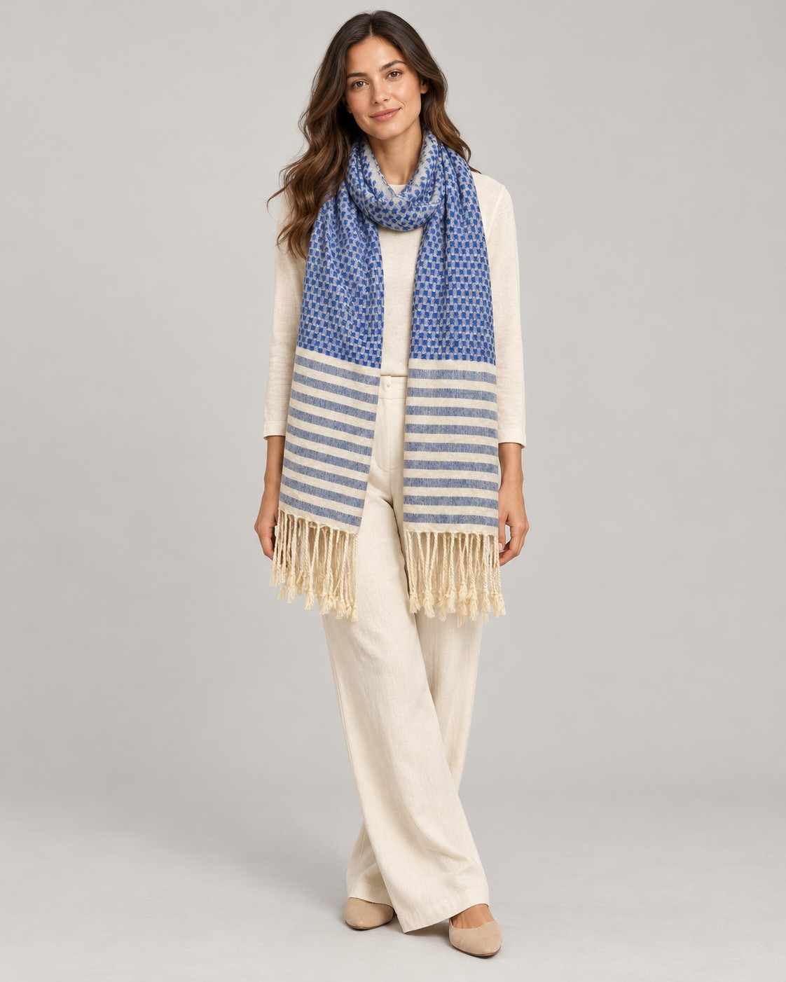 Blue dot and stripe cotton towel scarf with fringe worn by a model, KK Fashion Exports