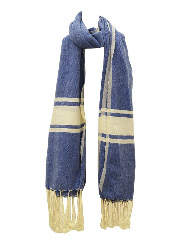 Blue fouta towel with cream stripes and fringe