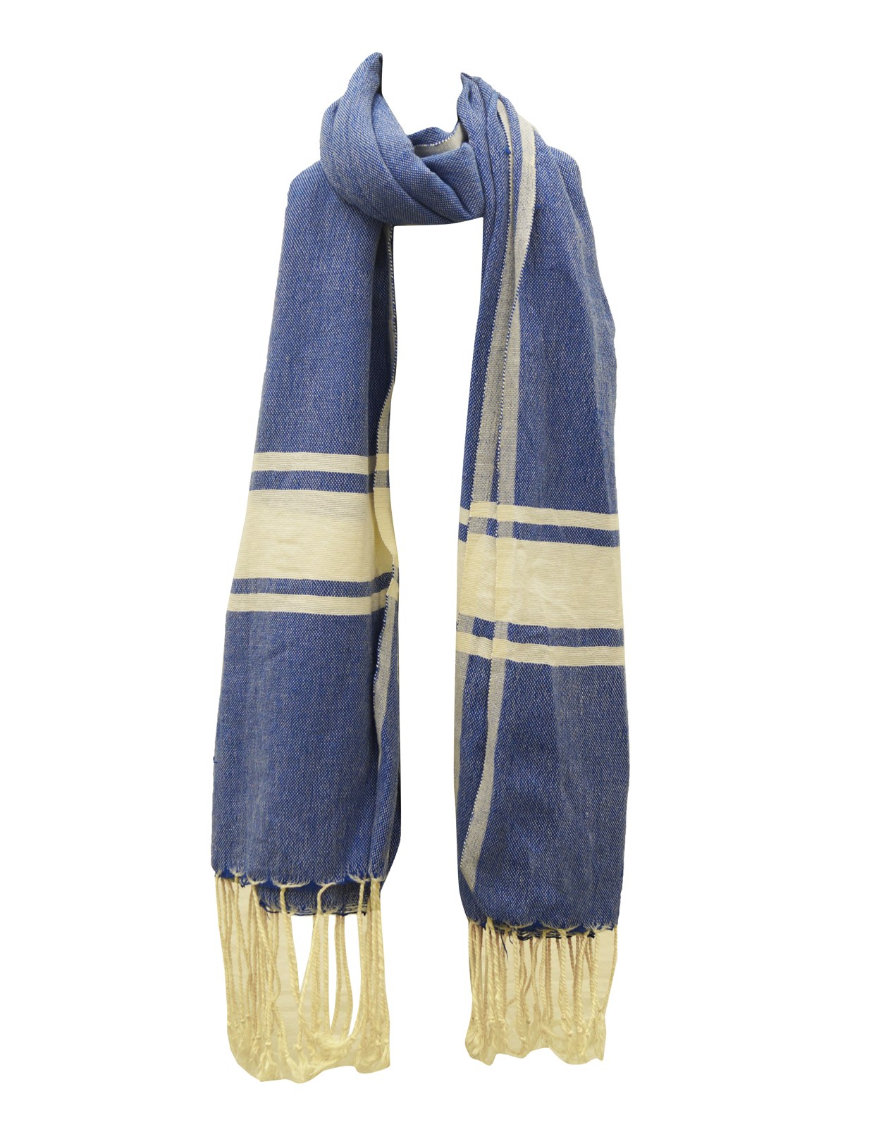 Blue fouta towel with cream stripes and fringe