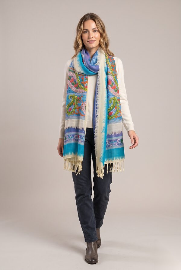 Turquoise and cream embroidered winter scarf with fringe worn by a model, KK Fashion Exports
