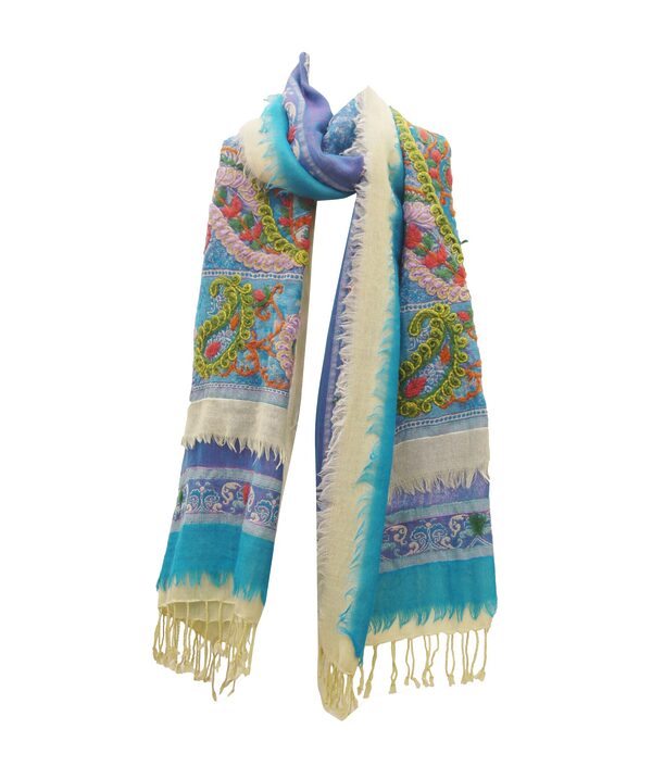 Turquoise printed winter scarf with fringe