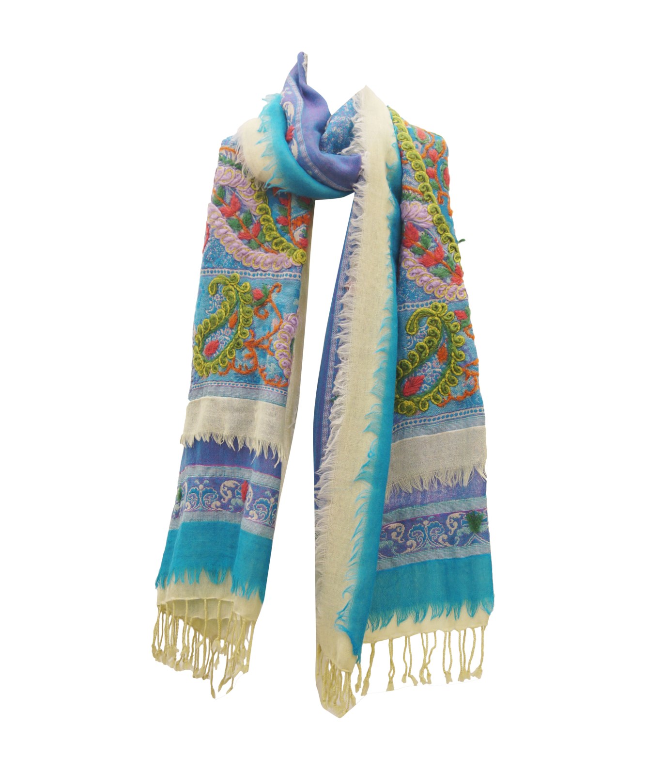 Turquoise printed winter scarf with fringe