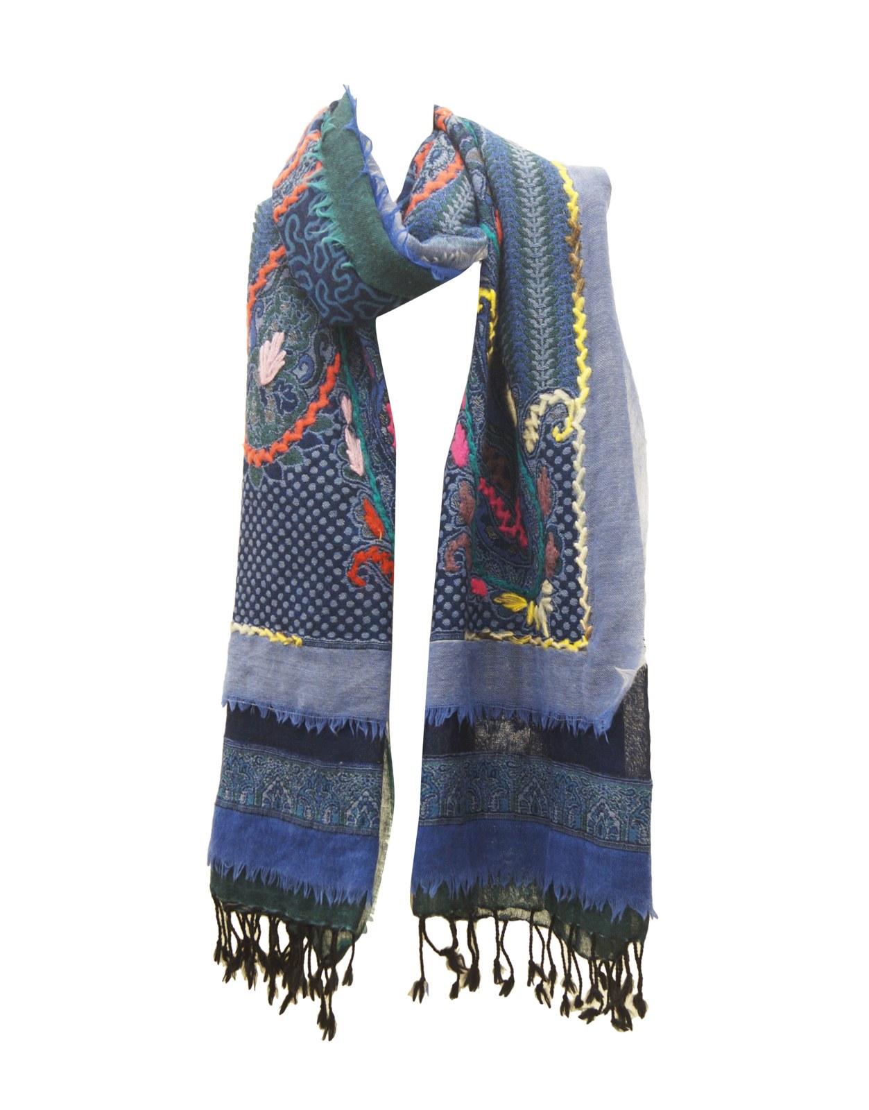 Blue printed winter scarf with fringe