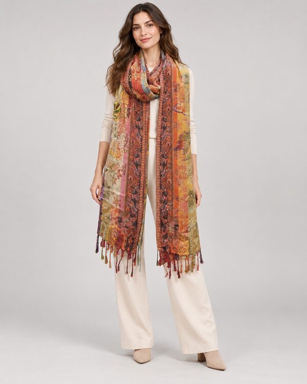 Orange and pink jacquard wool shawl with tassels worn by a model, KK Fashion Exports