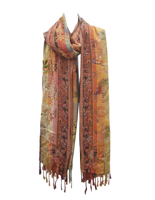 Orange jacquard shawl with embroidery and tassels