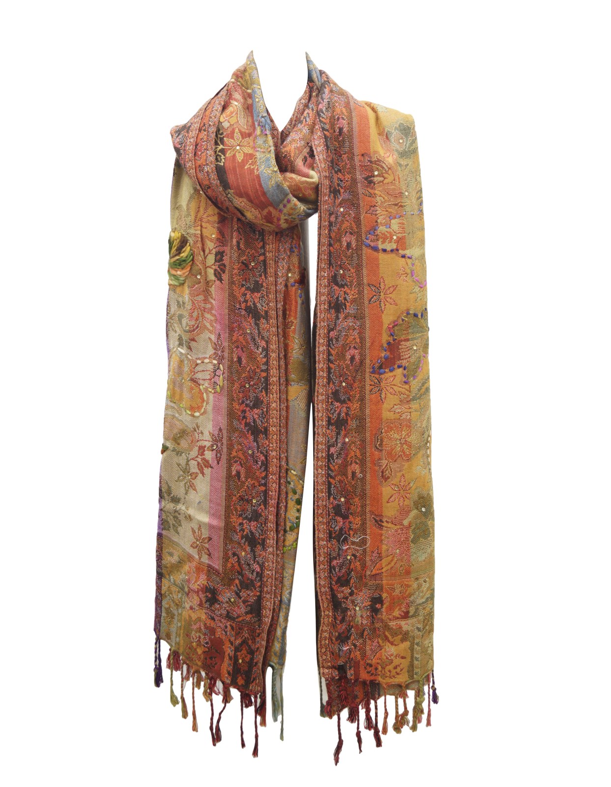 Orange jacquard shawl with embroidery and tassels