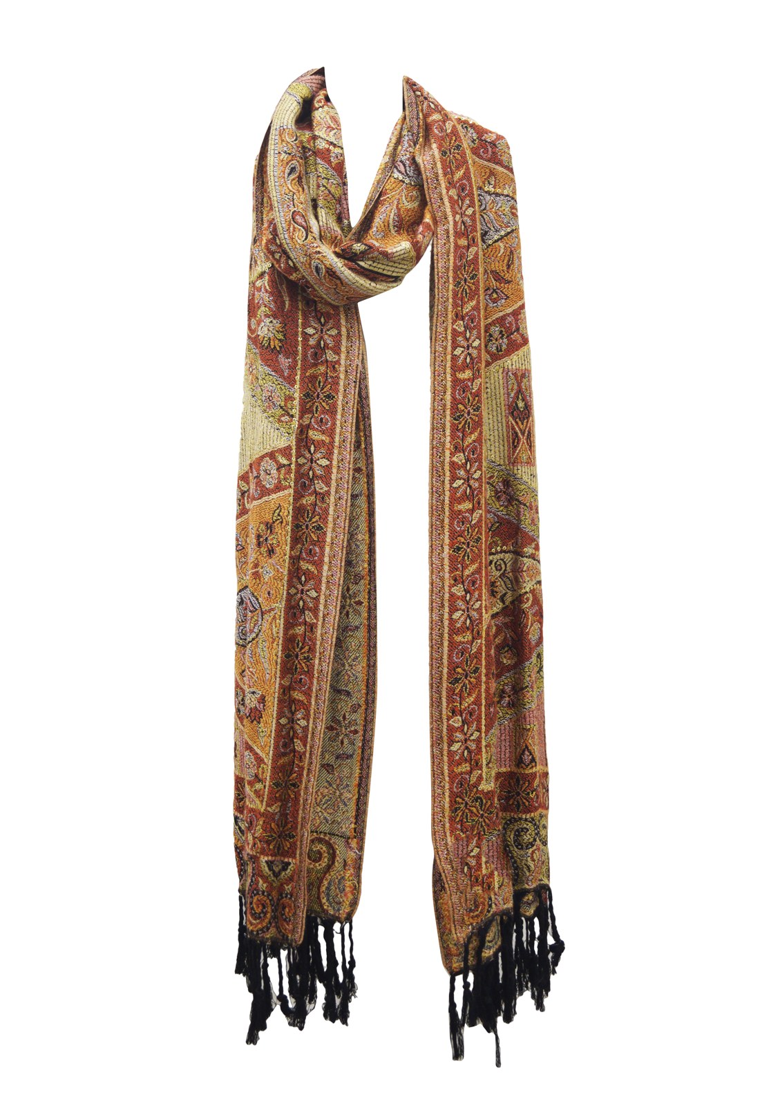 Beige jacquard shawl with embroidery and tassels