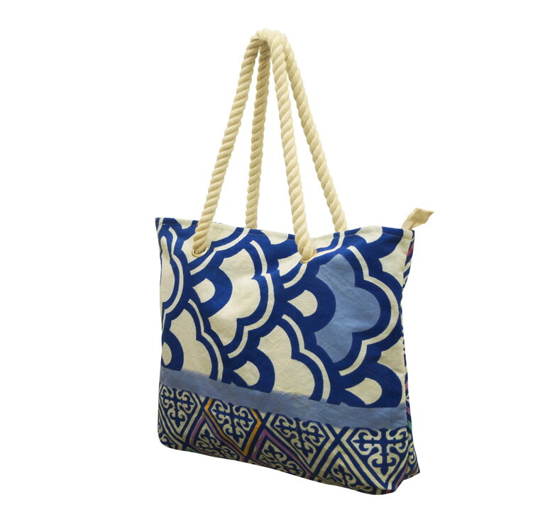 Blue printed canvas tote with rope handles