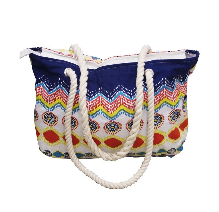 Zigzag print canvas beach bag with rope handles