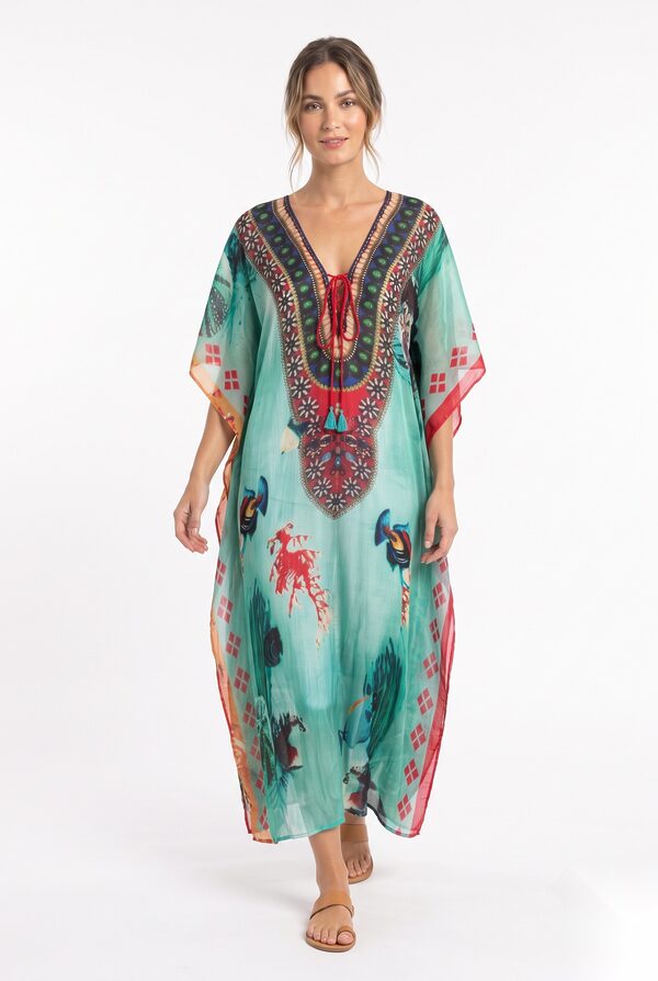 Aqua and red printed beach kaftan with embellished neckline worn by a model, KK Fashion Exports
