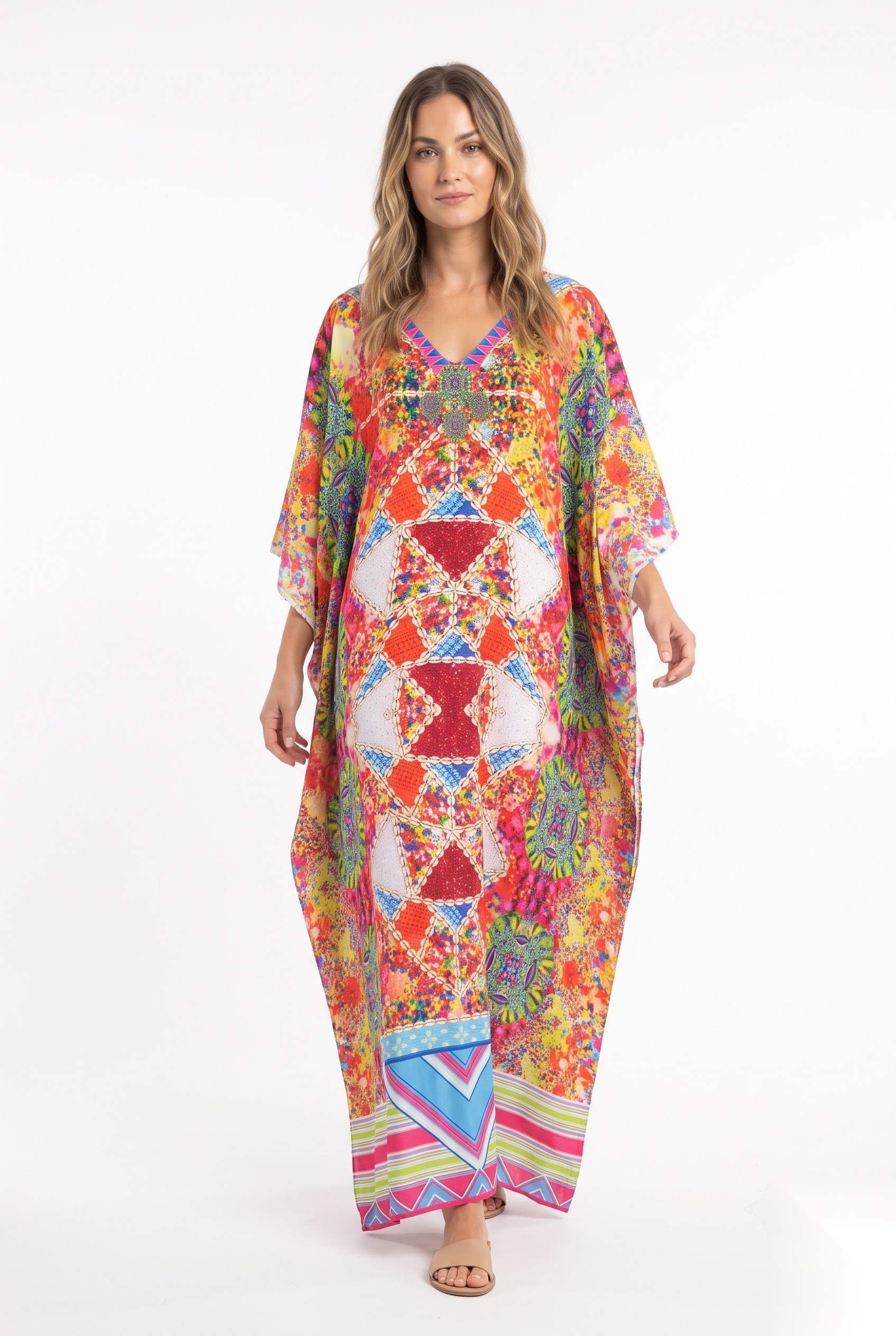 Multicolour patchwork print beach kaftan worn by a model, KK Fashion Exports
