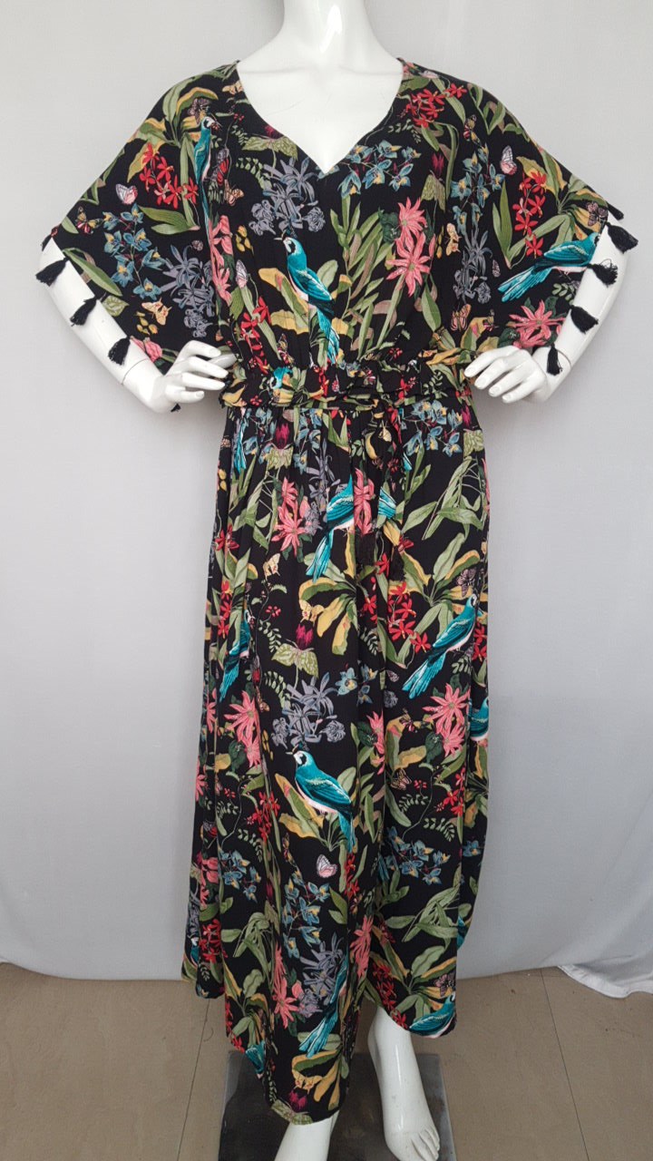 Black floral print long beach kaftan dress