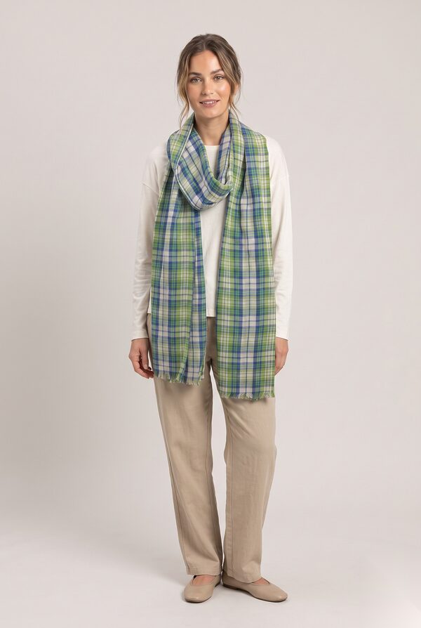 Green, blue and white check cotton scarf worn by a model, KK Fashion Exports