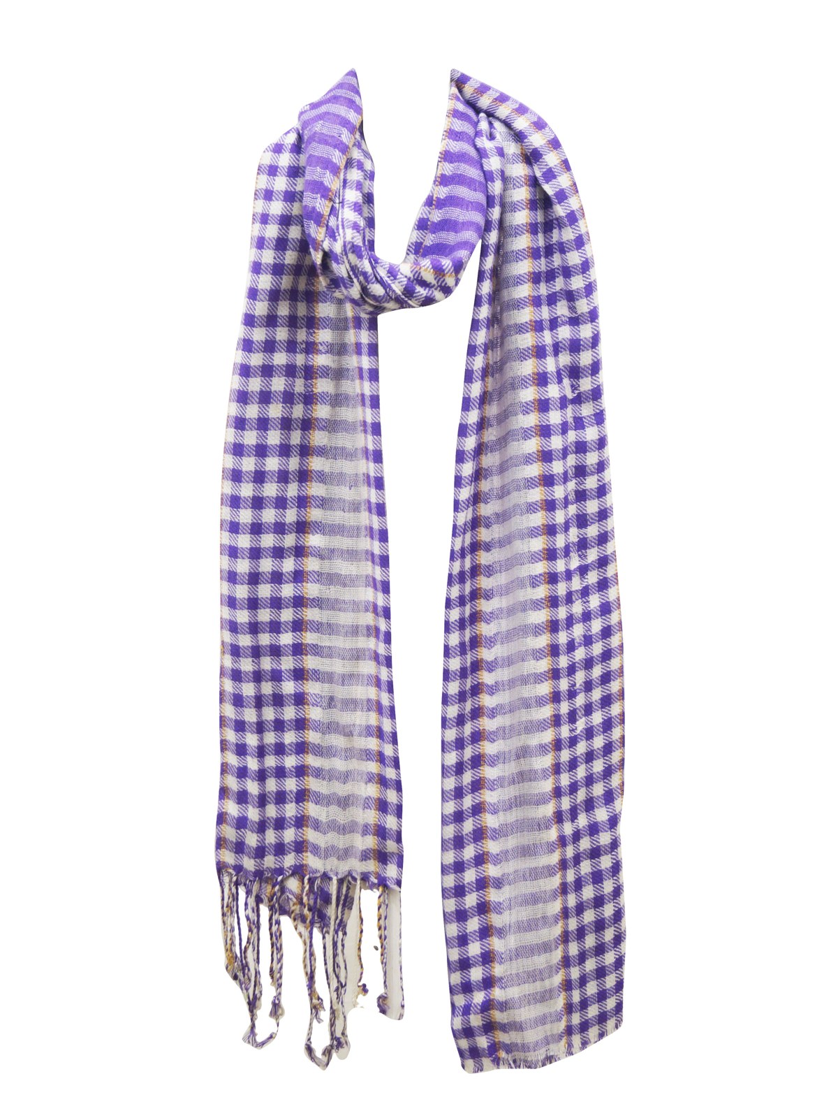 Purple gingham check cotton scarf with fringe
