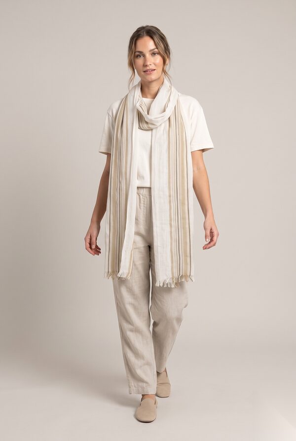Beige and white striped cotton handloom scarf worn by a model, KK Fashion Exports