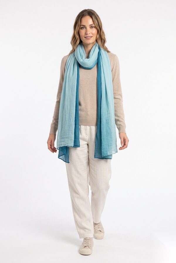 Aqua blue ombre cotton scarf worn by a model, KK Fashion Exports