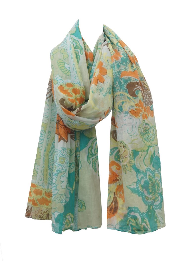 Mintgrön bomullsscarf med blomtryck