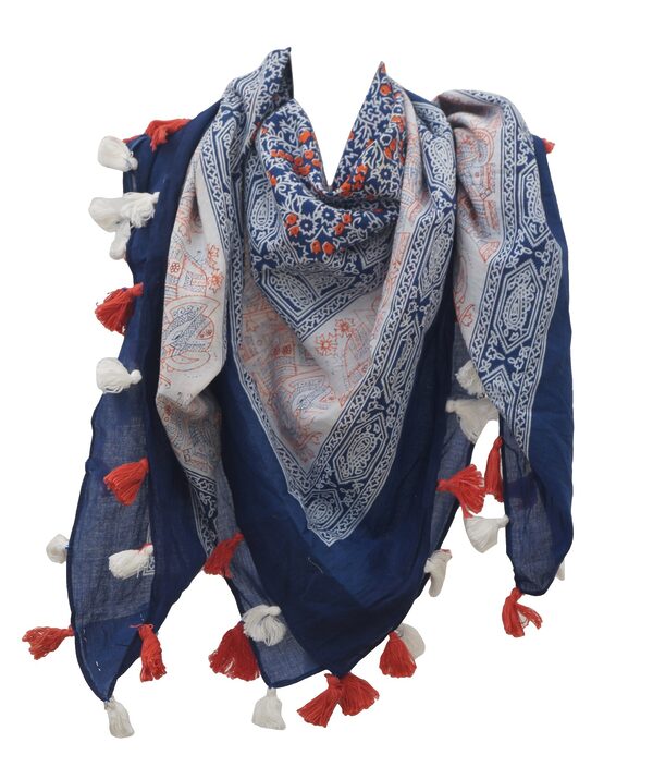 Blue printed cotton square scarf with tassels