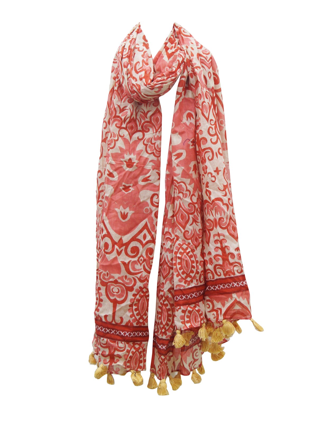 Red printed cotton scarf with tassel ends