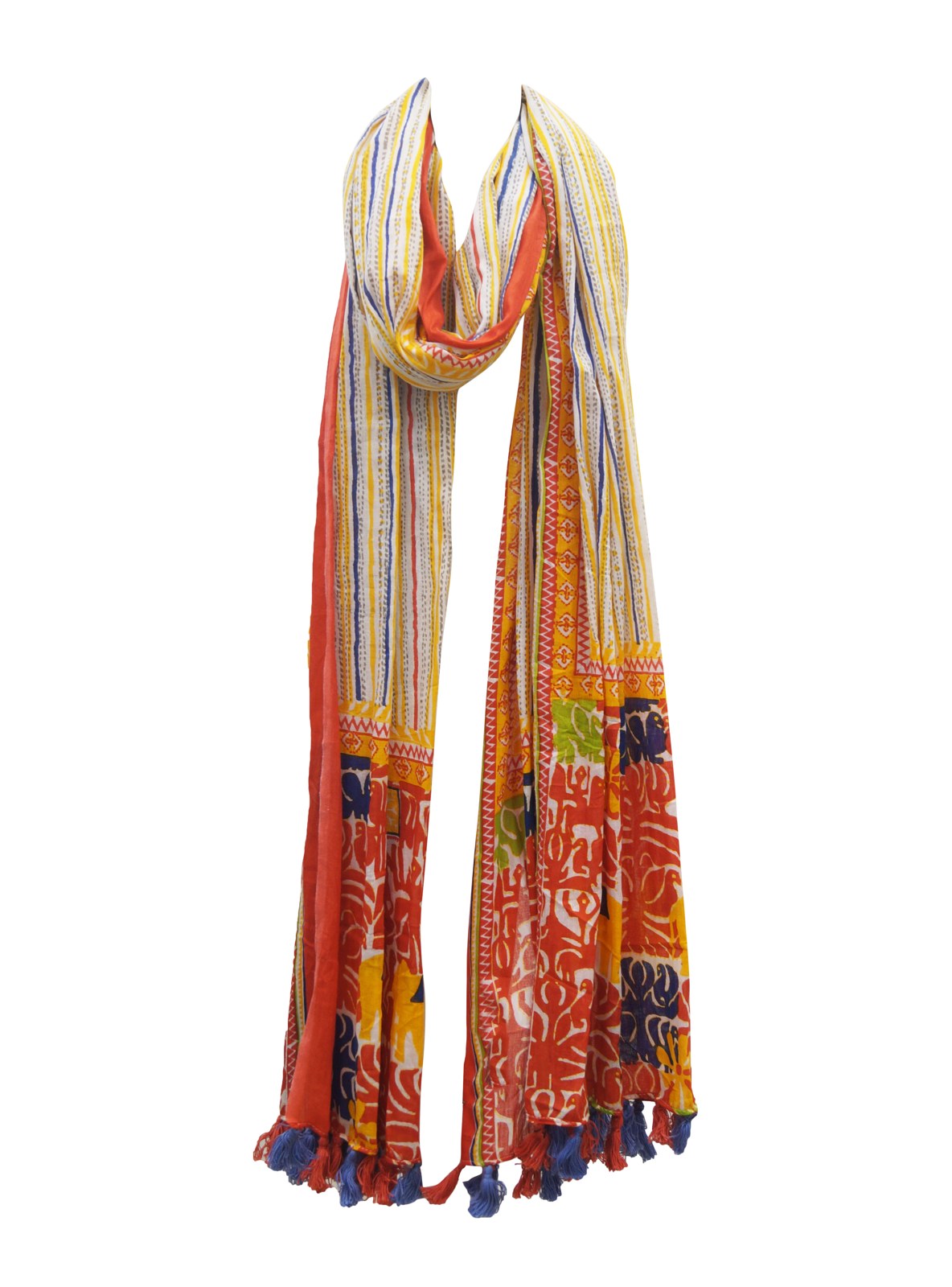Multicolour printed cotton scarf with tassels