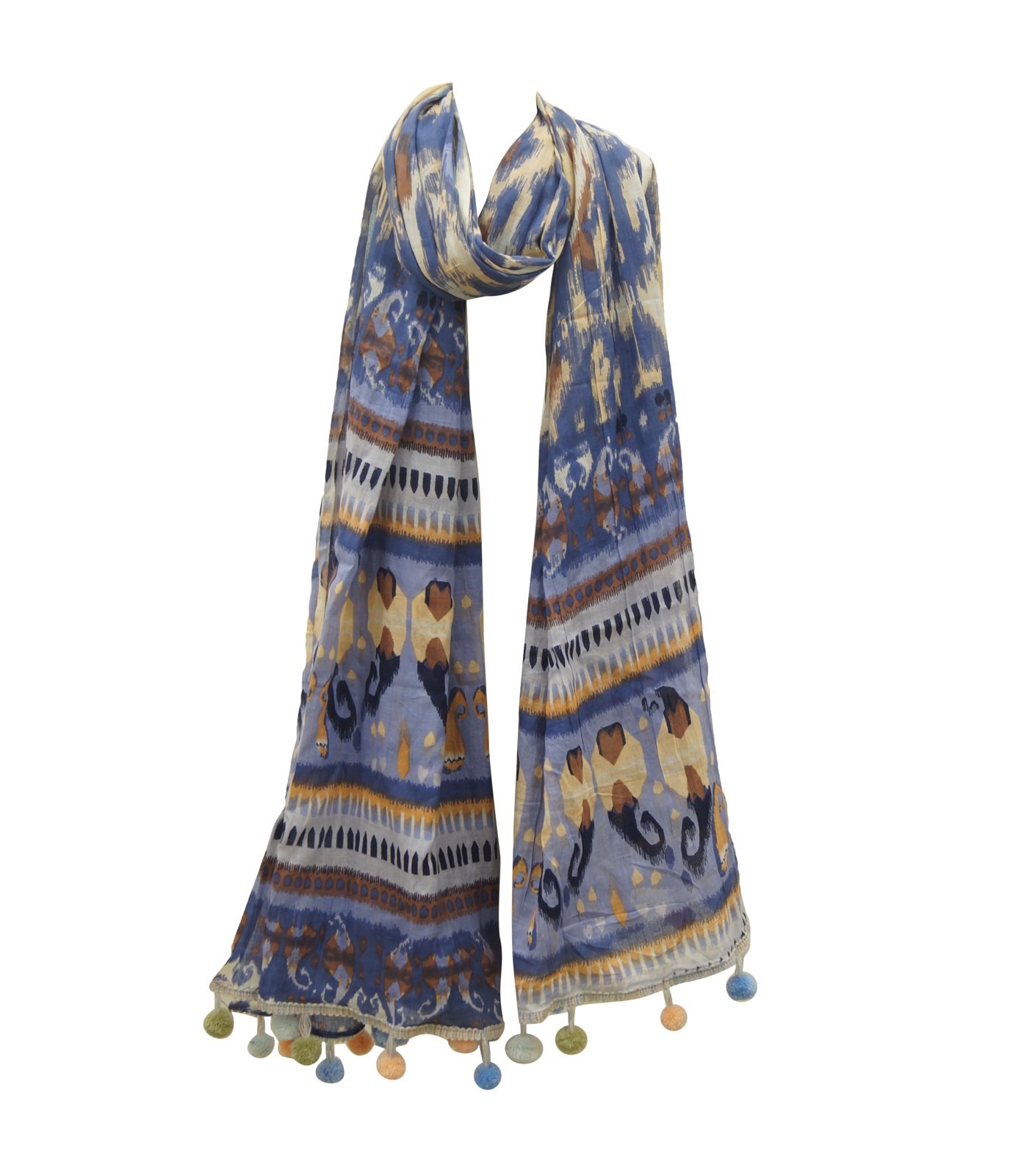 Blue ikat print cotton scarf with tassel trim