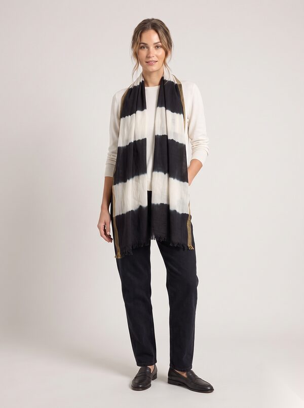 Black and white striped tie-dye cotton scarf worn by a model, KK Fashion Exports