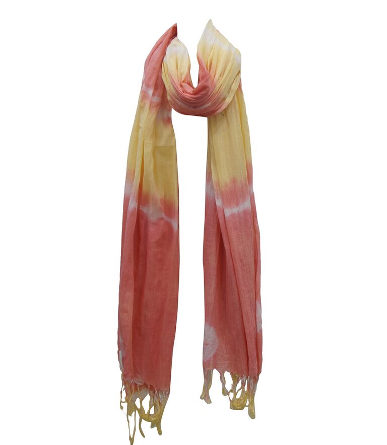 Coral and yellow ombre tie-dye cotton scarf with tassels