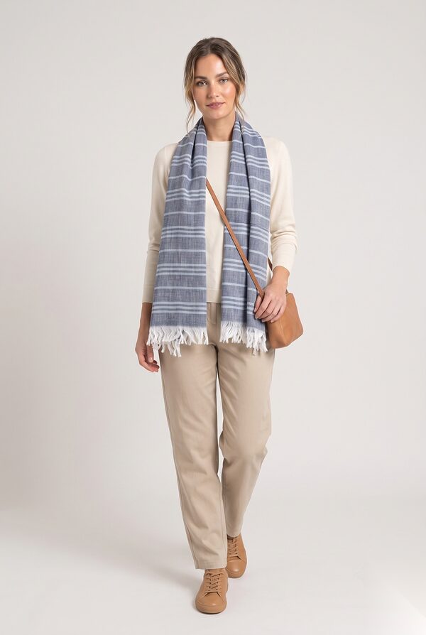 Navy and light blue striped woven cotton scarf with fringe worn by a model, KK Fashion Exports