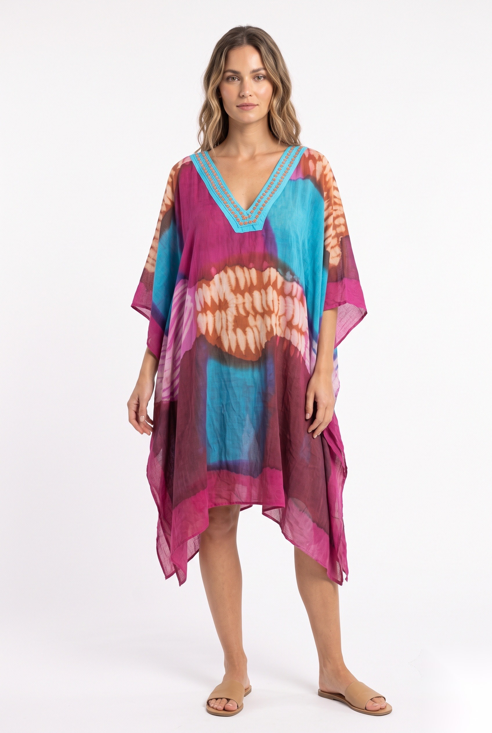 Pink and turquoise tie-dye kaftan with embellished V-neck worn by a model, KK Fashion Exports